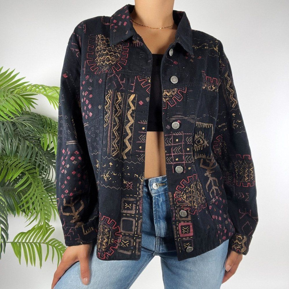Women's Vintage 90s Grunge Indie Black Bohemian Aztec Denim Jacket / Size: 2